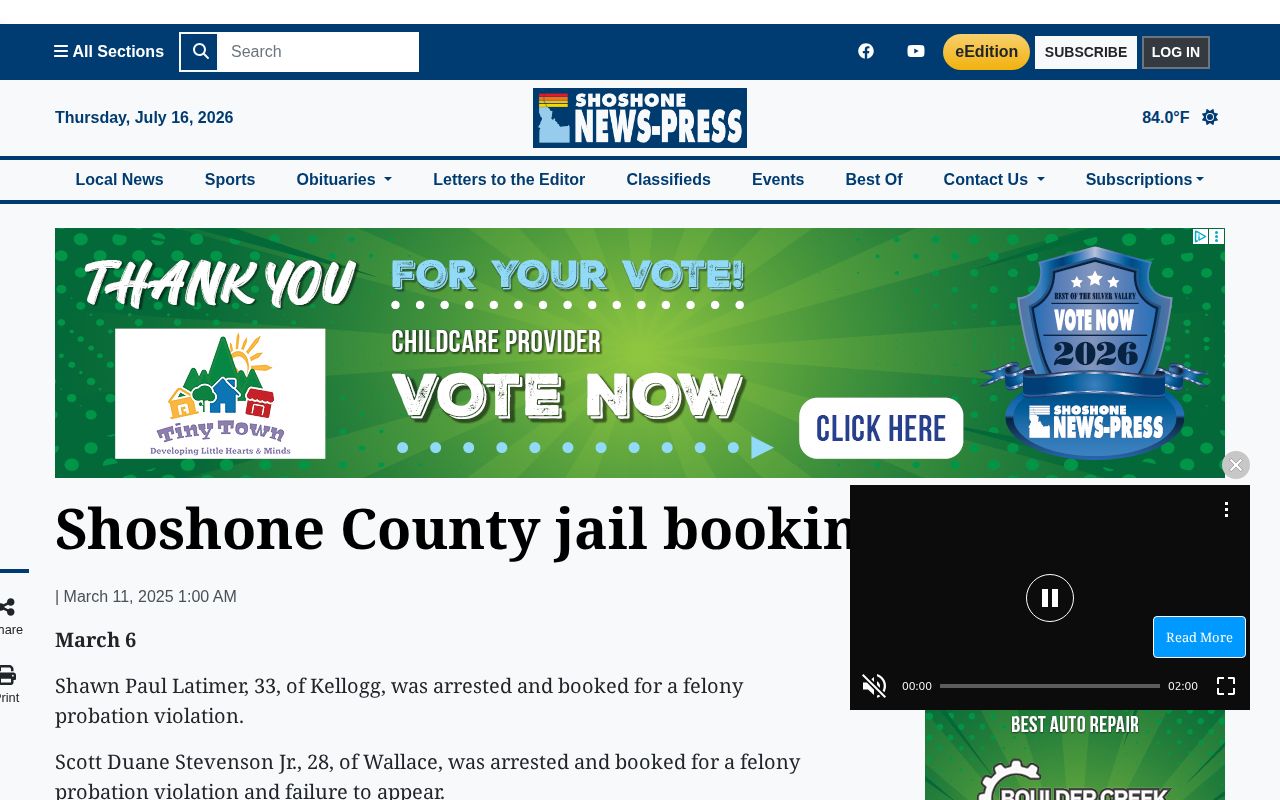 Shoshone County booking news that is not a 24-hour release list