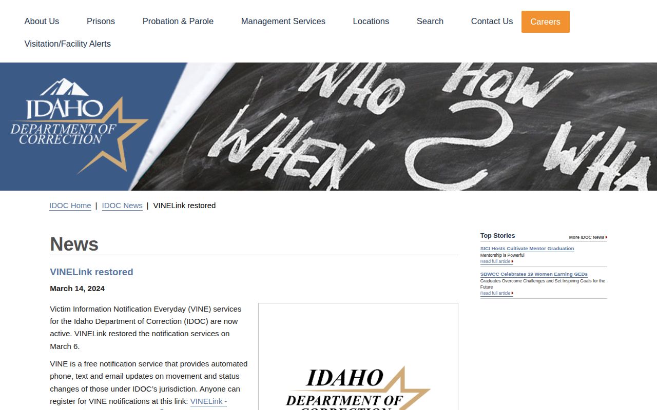 Shoshone County VINELink release notification restoration notice